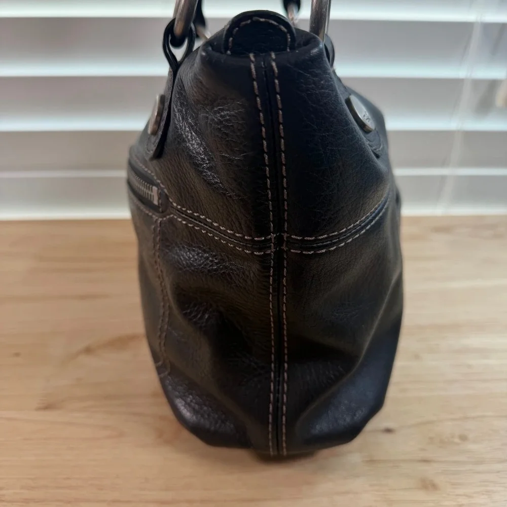VTG 1954 Fossil Long Live Black Faux Leather Zip Double Handle Satchel Handbag